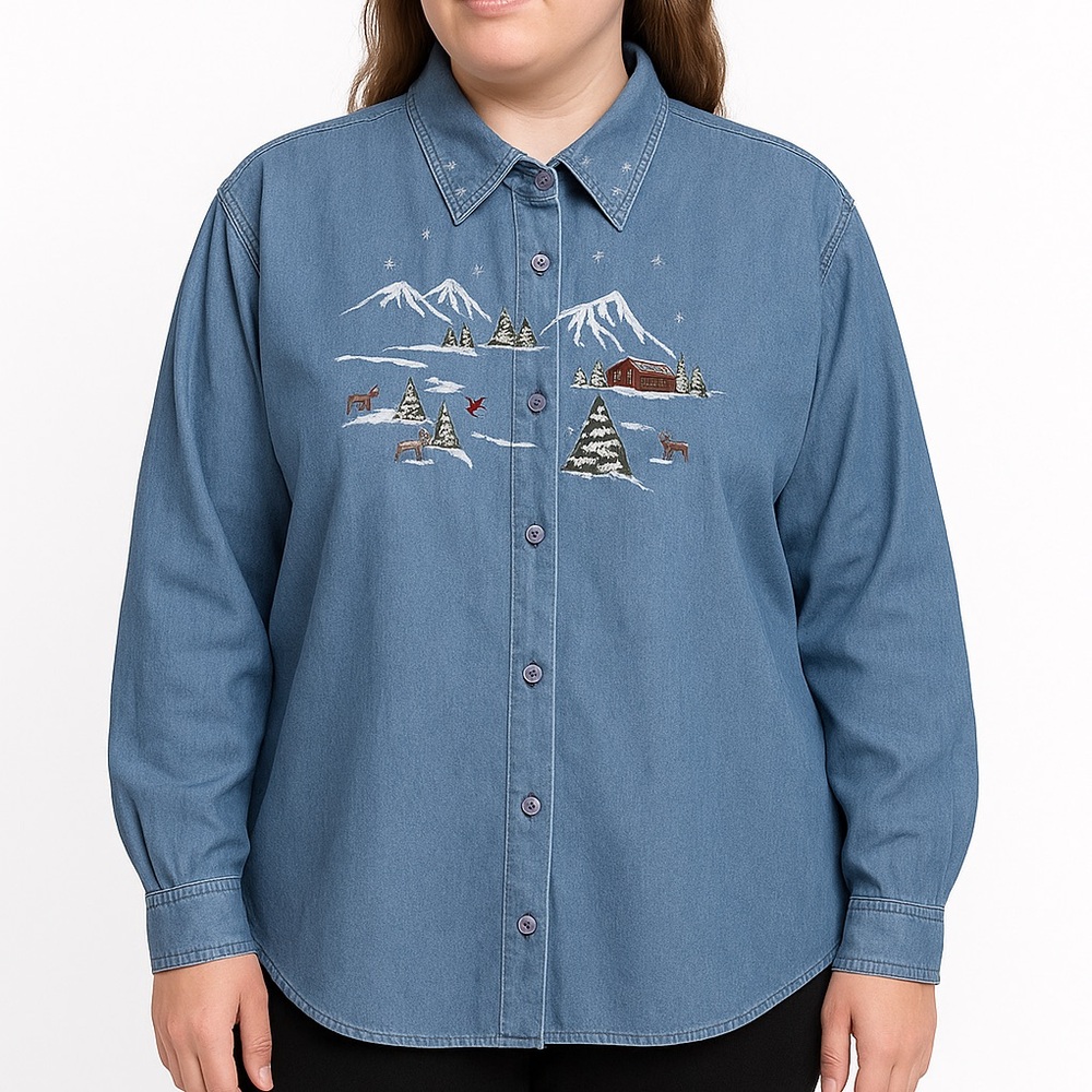 Northern Reflections VTG Chambray Button Front Shirt Winter Cabin Embroidered LG